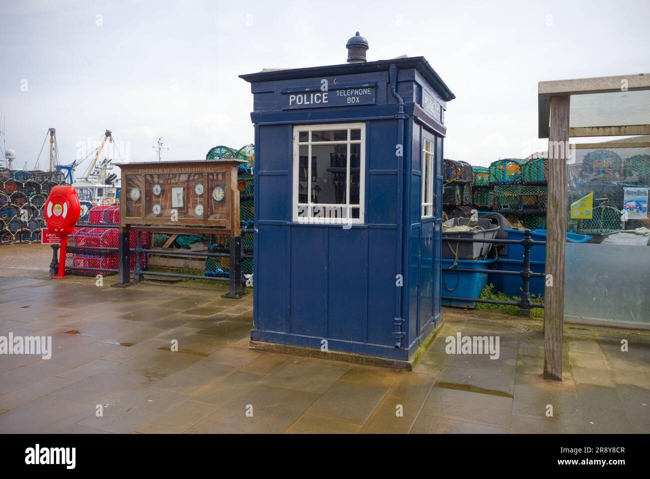 Traditional Dr Who type police telephone box on the harbourside at Scarborough Stock Photo