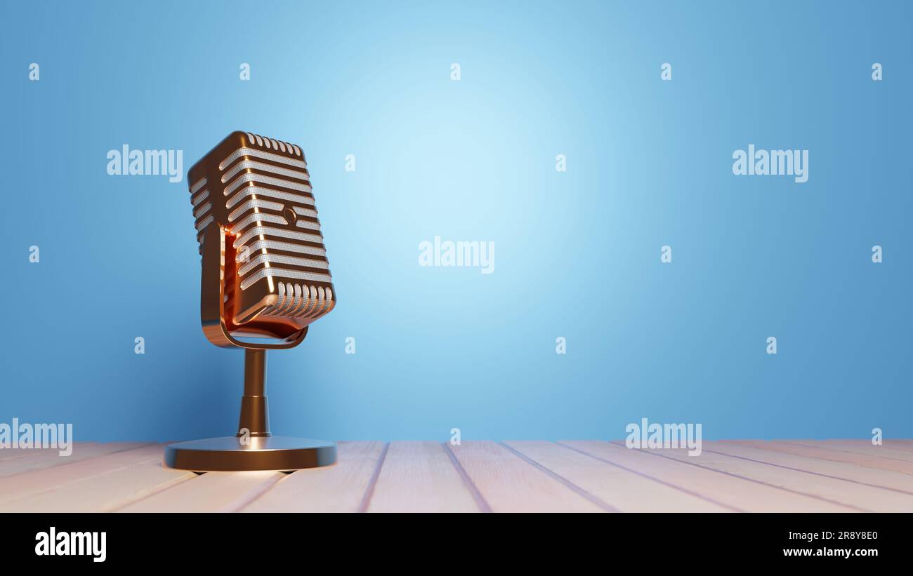 A golden retro microphone on a wooden table with a blue background, Stock Photo
