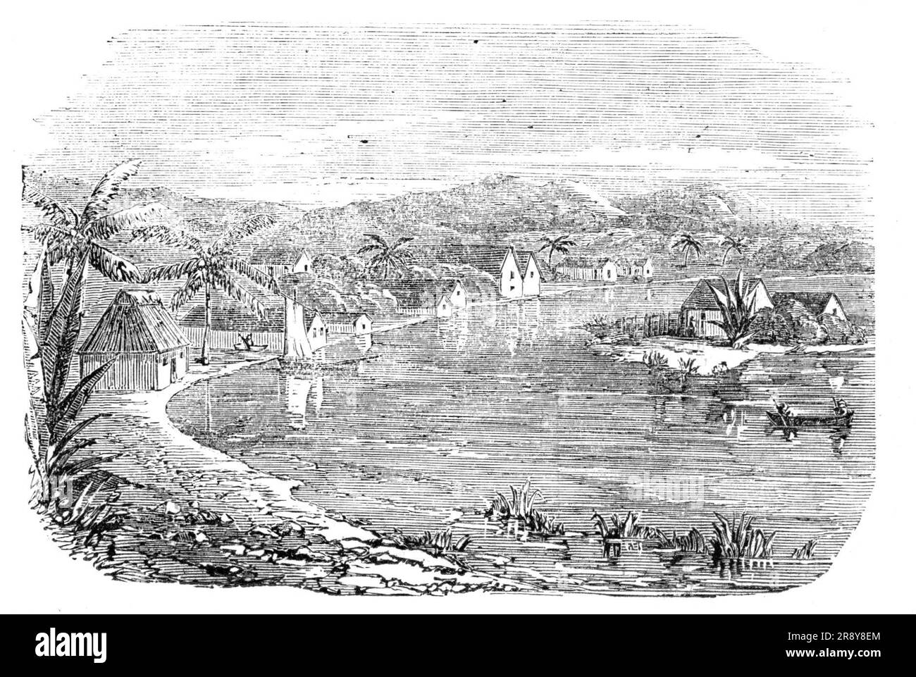 Greytown - from a recent sketch, 1857. 'The place is interesting as the head-quarters of Captain Erskine's squadron. In the Sketch you look to the west: the anchorage and harbour are out of sight, on the right hand: inside these were, at the time the Sketch was taken, the gun-boats Pioneer, Intrepid, and Victor, with the corvettes Cossack and Archer, and the frigate Arrogant at anchor...The last accounts from Central America represent General Walker's position as exceedingly critical; indeed, it seems very doubtful whether he will be able to hold out much longer...It appears Mr. Vanderbilt, th Stock Photo