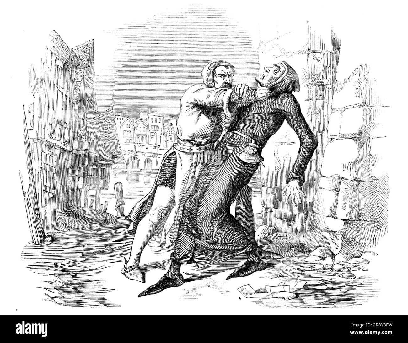 The Caorsin seizing Master Walter by the Throat, 1857. Scene from &quot;Master Walter, the Physician. A Tale of Old London&quot;: 'Master Walter could read no more. He flung the paper wildly in the air, and would have rushed from the spot; but the Caorsin caught him by the throat...&quot;Miserable quacksalver!&quot; cried he; &quot;whose were the chirographs on which I lent thee two thousands marks?&quot; The leech could not reply, for his companion's question filled him with a horrid foreboding'. From &quot;Illustrated London News&quot;, 1857. Stock Photo