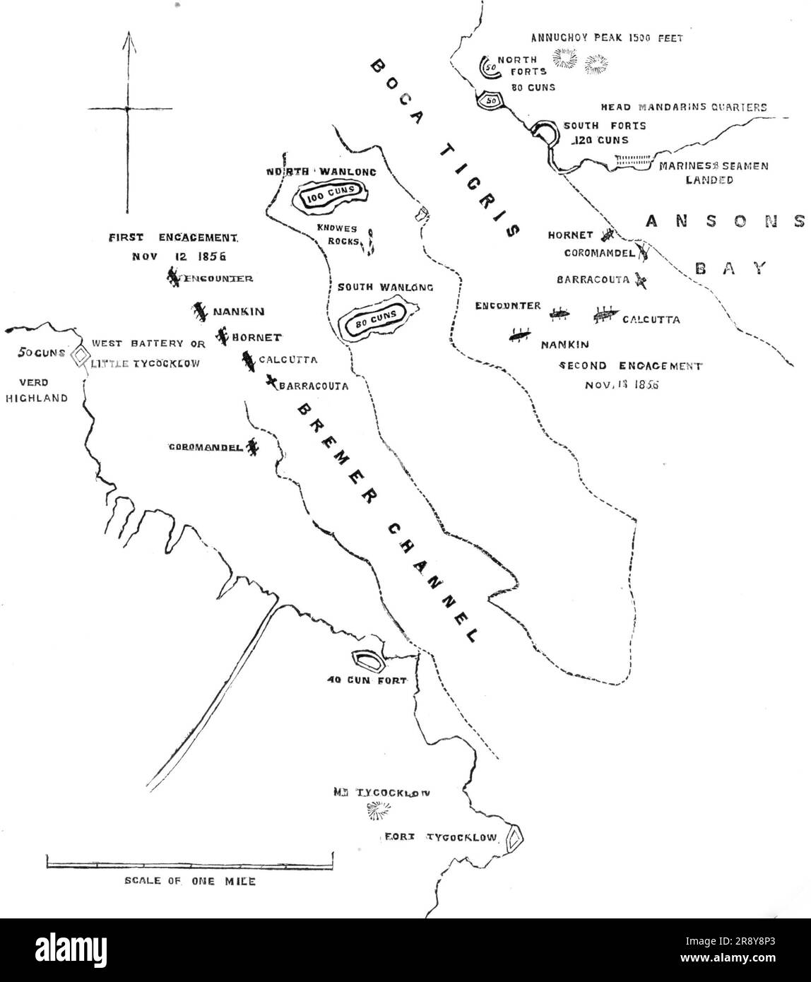 Plan of the Attack on the Forts and Batteries of Canton, Nov.12 and 13, 1856, (1857). British naval officer: '...we have had a job to take some forts called the Bocca Tigris, containing 500 of the largest guns I ever saw - none less than ten inches bore, and some of the brass ones thirteen inches. We towed the Nankin into action, the [H.M.S.] Barracouta towed the Calcutta (the flag-ship). After two hours' firing we manned boats of squadron, and took the two large forts on Wanlong Island, containing 100 guns each. The moment the men got on shore the Chinese took to their boats, and those the bo Stock Photo