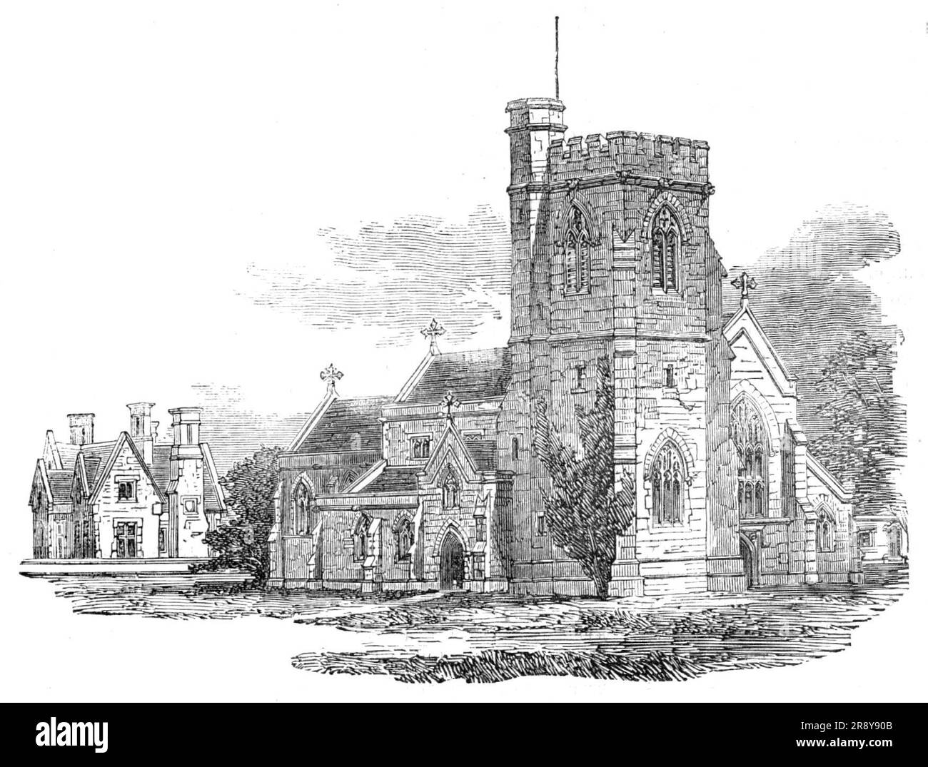 New Church of St. John the Baptist, Isleworth, 1857. 'The style of the church is Gothic, of the Perpendicular period...The architect was James Deason, Esq...The situation is within two or three hundred yards of the Isleworth station of the Windsor Railway; the edifice from it appears to great advantage...To the left of the church in the engraving is the Parsonage House, completed within the last fortnight. It has been built in strict accordance with the character of the church, at the sole cost of John Farnell, Esq., of Isleworth. On the right of the view is shown a portion of a cluster of twe Stock Photo