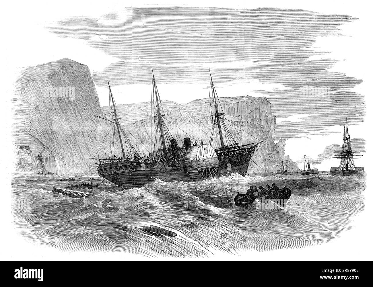 The Royal West India Mail Steamer &quot;Tyne&quot; on shore at St. Alban's Head, 1857. '...the Brazilian mail steam-ship Tyne, on her homeward voyage, ran aground on the Isle of Purbeck. The whole of the passengers were landed in safety...Shortly after she struck, getting a little more east, into deeper water, she swung round, and very happily for those on board came head to wind, by which the force of the waves was separated as it were by the bows of the ship. Her lights and signals having been seen, some of the boats of the coast-guard from Kimmeridge, St. Alban's, and Bottom put off, and th Stock Photo