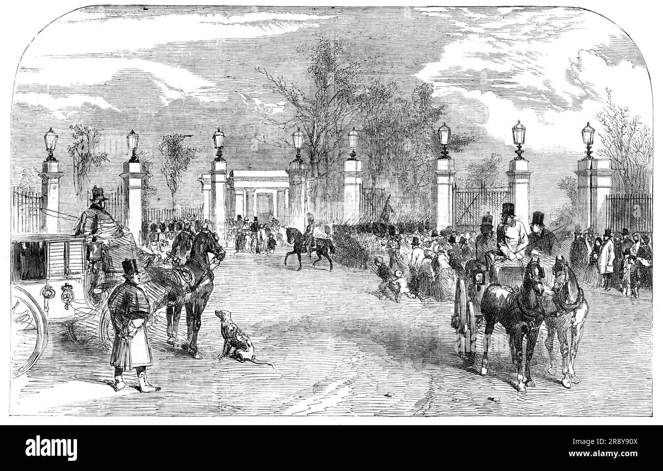 New Buckingham-Gate, St. James's Park, [London], 1857. View of '...the new Lodge and Buckingham Gate...the Park Lodge, which stood between the terminus of the road that passes in front of the Wellington Barracks and that through the Park has been removed; likewise the single gates, and in place of them handsome double gates, two to each entrance, have been erected; and a new lodge has been built...Our Artist has peopled his Illustration with the life and bustle of the full tide of the season. The style of the gates is good, and the stone piers and cast-iron gates are decidedly an improvement u Stock Photo