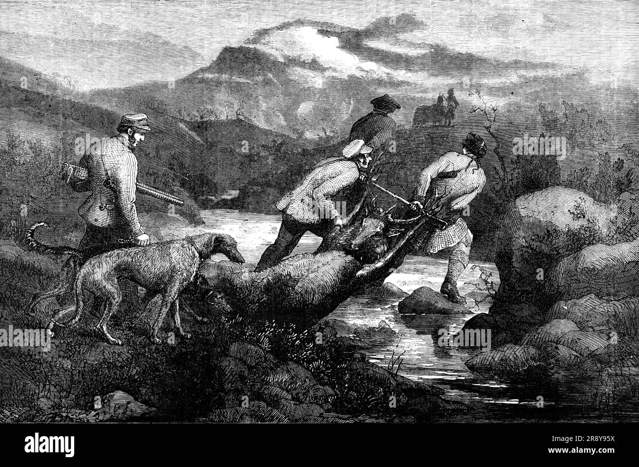 &quot;Bringing Home the Deer&quot; - painted by Bottomley, 1857. 'This characteristic scene is engraved from a drawing made by Mr. Bottomley on a recent visit to the Highlands of Scotland. The locality is the wild and desolate district well known to sportsmen as the Marquis of Breadalbane's Deer Forest of Blackmount. The Artist thus describes the incident: The gralloching being over, a stick was quickly tied to the horns of the hart, and the strong foresters carried off the heavy animal through the stream, over the hills to the point where the pony was waiting to bring the prize home. Followin Stock Photo