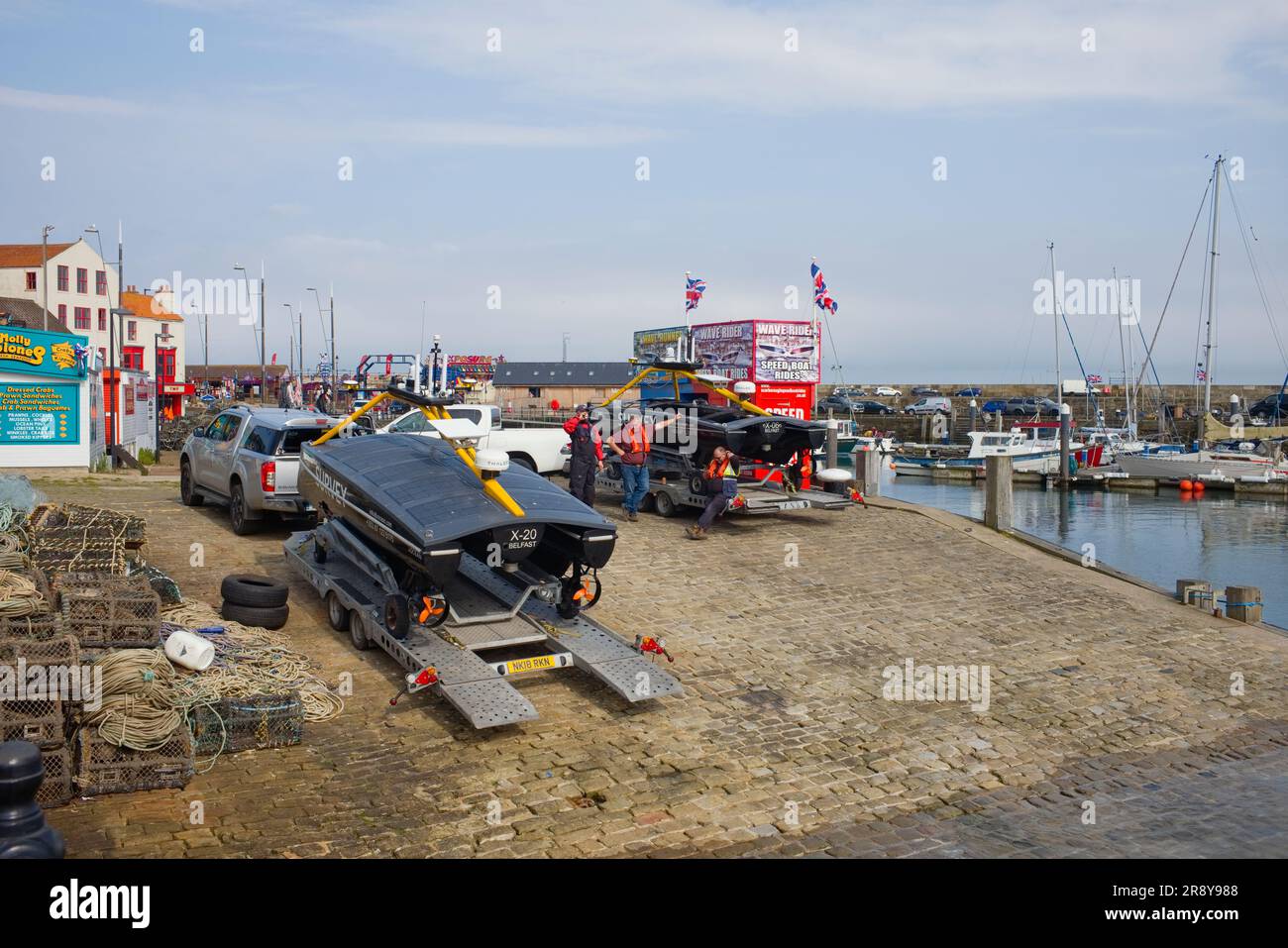 Xocean survey uncrewed USVs boats on the slipway at Scarborough harbour Stock Photo