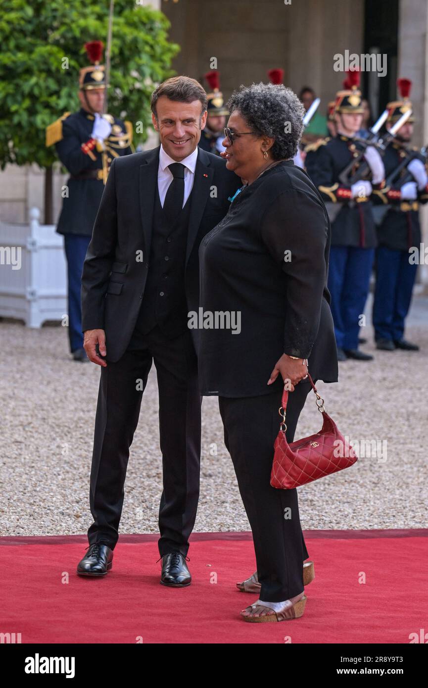 Paris, France. 22nd June, 2023. Elysee Palace, in Paris, on June 22, 2023. French president Emmanuel Macron and wife Brigitte receive Brabado (la Barbade) Prime Minister Mia Mottley for an official dinner as part of the ‘New Global Financial Pact Summit', at the Elysee Palace, in Paris, on June 22, 2023. Photo by Ammar Abd Rabbo/ABACAPRESS.COM Credit: Abaca Press/Alamy Live News Stock Photo