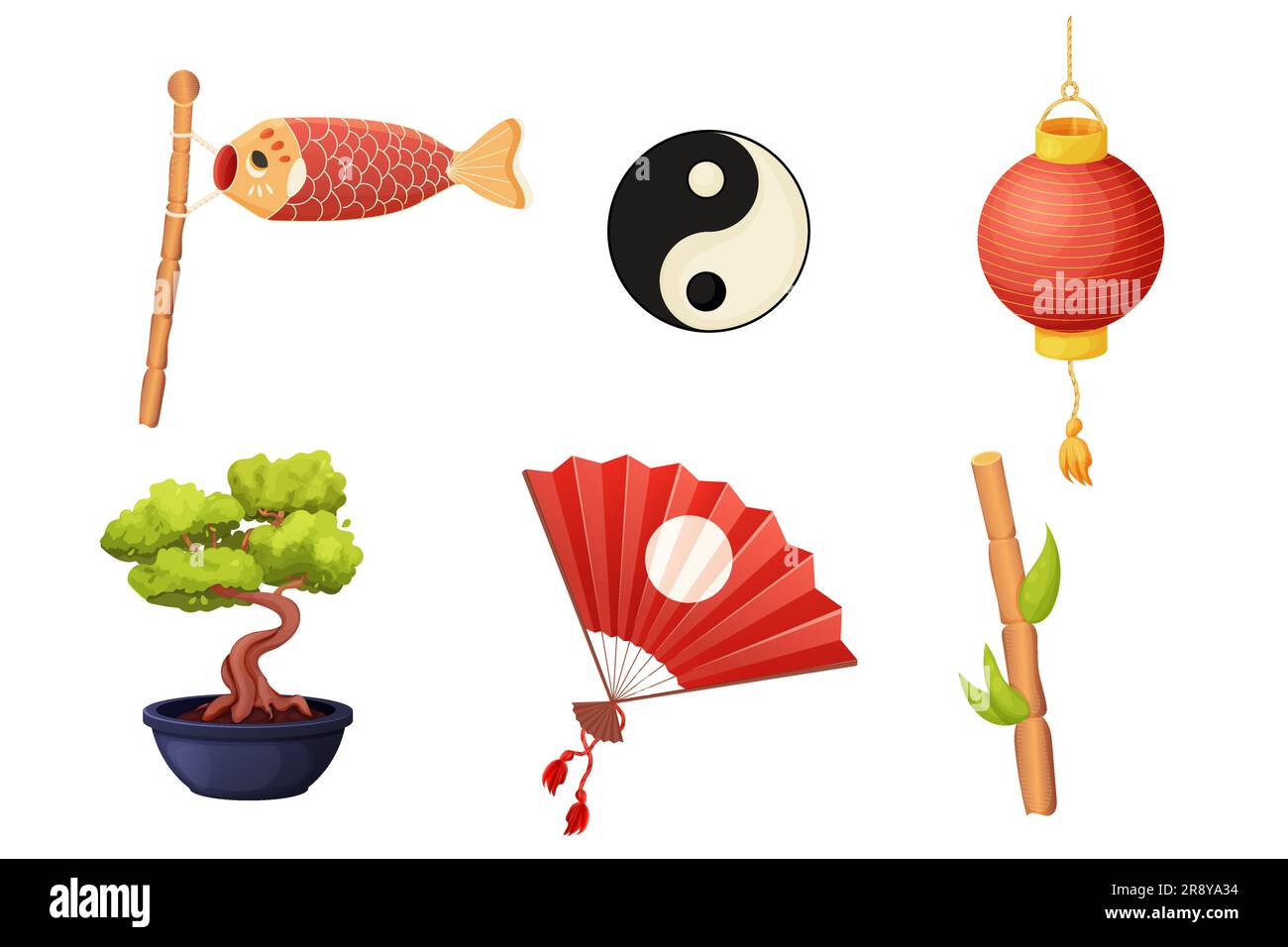 Set Japan traditional lantern with gold tassel, asian hand fan, paper koinobori fish, bonsai tree in cartoon style isolated on white background. . Vector illustration Stock Vector