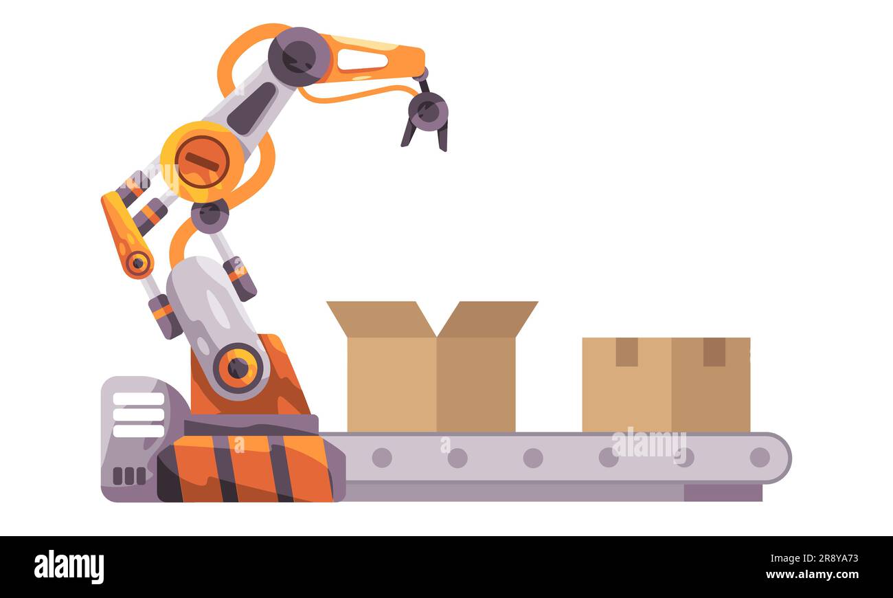 Automated warehouse inventory technology with robotic arm robot hand in conveyor handling box package delivery Stock Vector