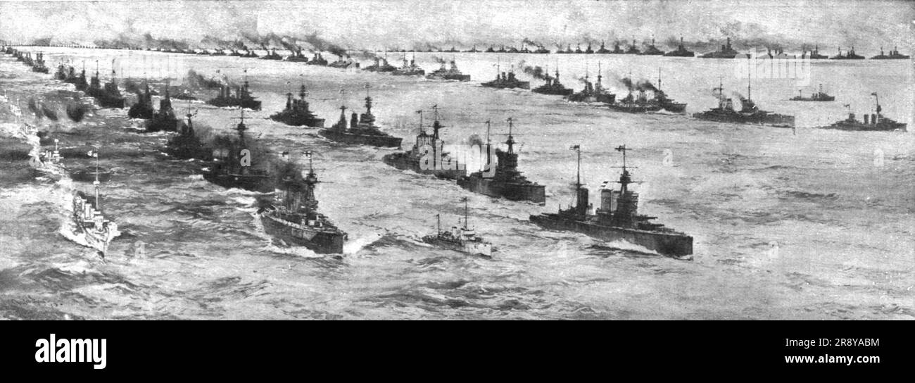 'La Reddition de la Flotte Allemande; Arrivee au mouillage, a l'embouchure du Forth, de la longue ligne des soixante-dix navires de guerre allemands, flanques au Nord, a gauche, par une ligne formee de navires britanniques, de quatre cuirasses americains et du croiseur-cuirasse francais &quot;Amiral-Aube&quot;, au Sud, a l'arriere-plan, par une autre ligne de navires britanniques', 1918. From &quot;L'Album de la Guerre 1914-1919, Volume 2&quot; [L'Illustration, Paris, 1924]. Stock Photo