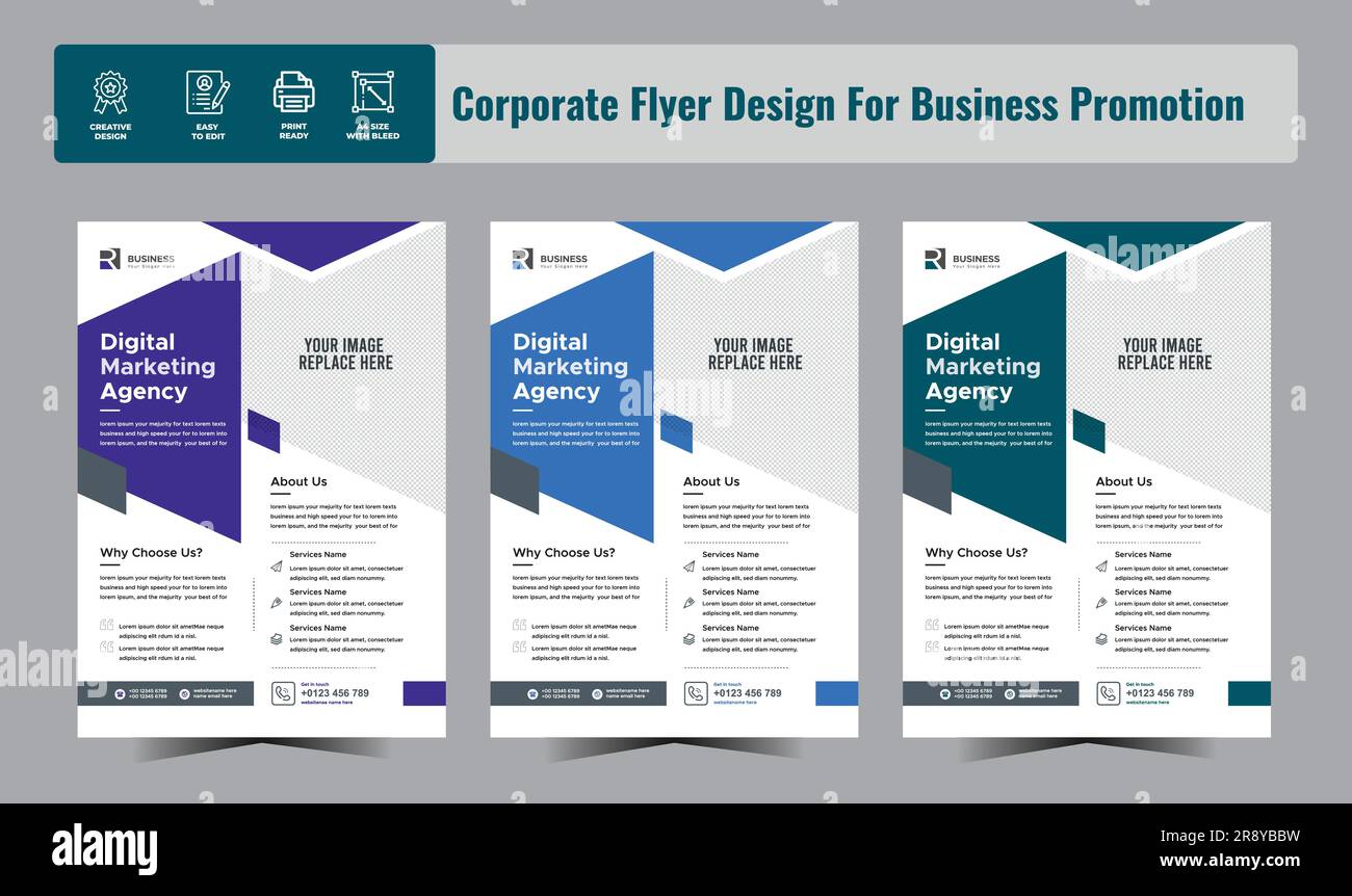 Flyer Layout, Creative Corporate Business Flyer Layout template in three Colors, Stock Vector