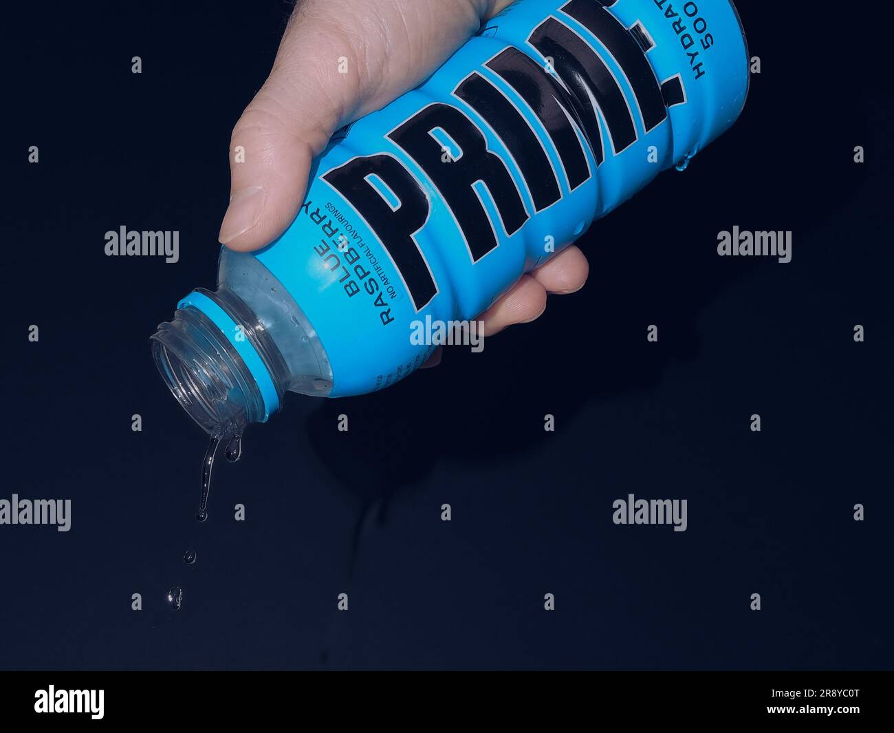 Bottle of Prime Hydration Energy Drink Blue Raspberry.  Popular beverage by Youtubers KSI and Logan Paul Stock Photo