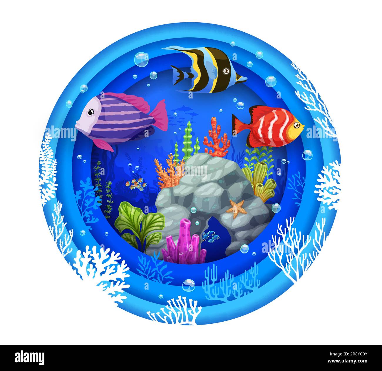 Cartoon tropical fish, seaweeds and sea in paper cut, vector underwater ...