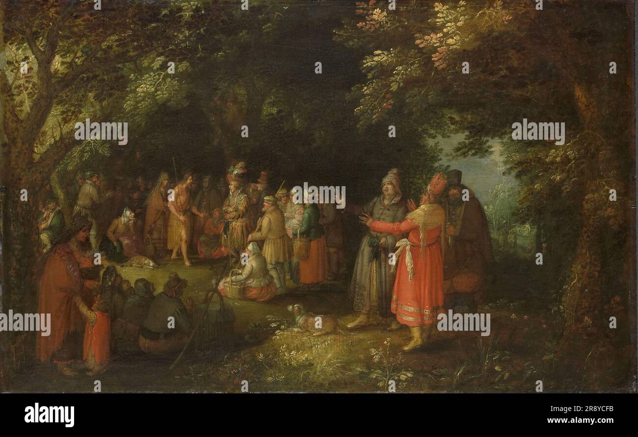 The Preaching of St John the Baptist, c.1610. The preaching of John the Baptist is depicted in a woodland setting. The scene in the background on the right shows the baptism of Christ, with the Holy Ghost in the form of a dove above Christ. Stock Photo
