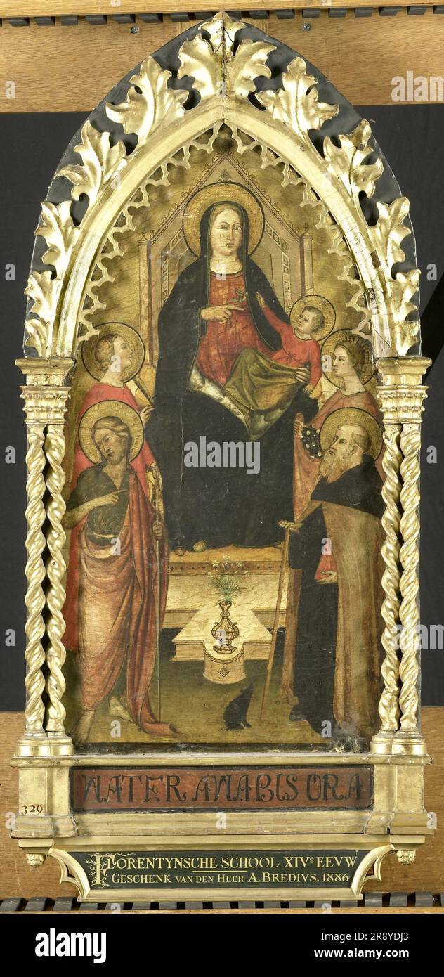 Virgin and Child Enthroned with Four Saints, Saints John the Baptist, Antony Abbot, Elizabeth of Hungary, a female saint, c.1350-c.1399. Stock Photo