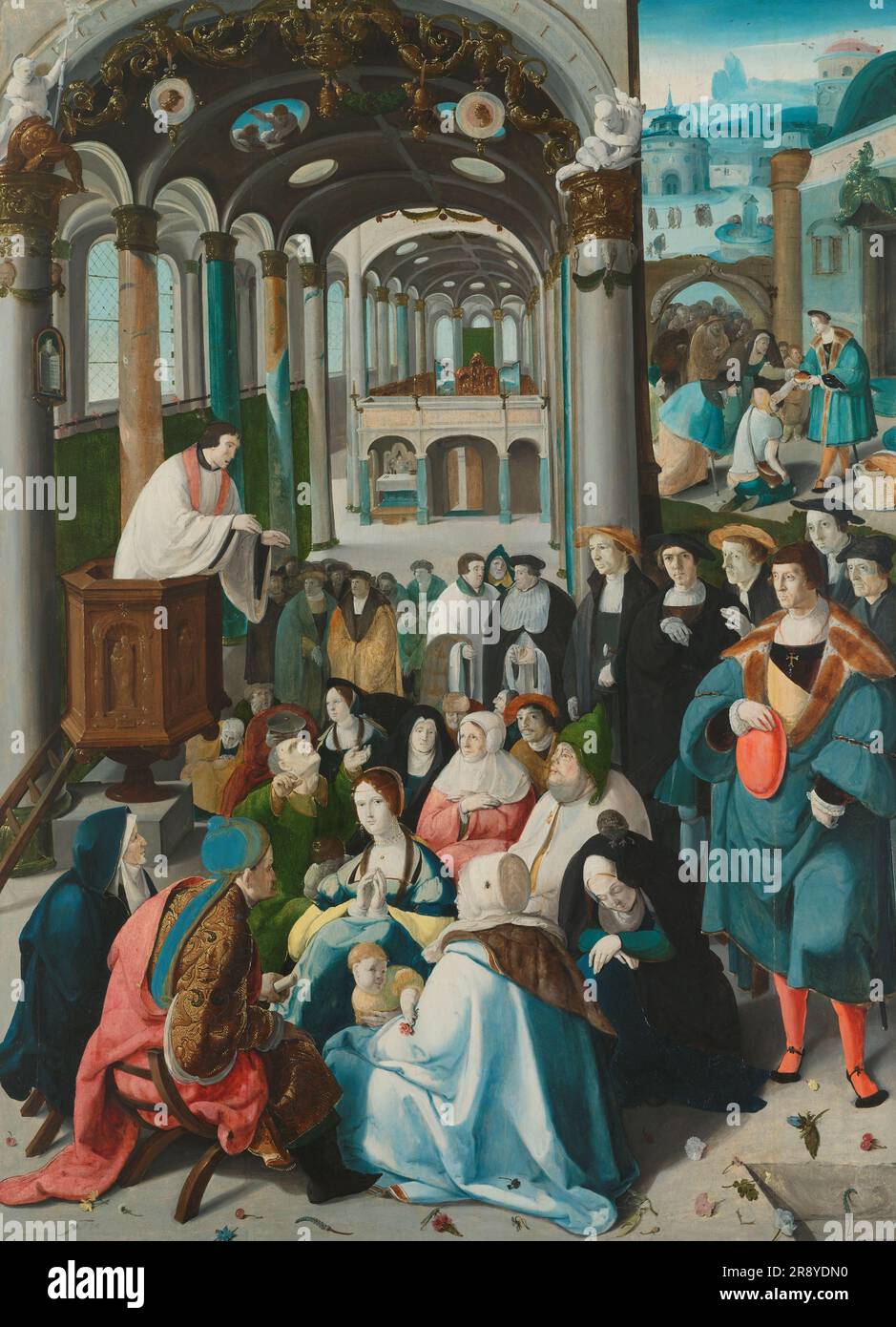 The Calling of Saint Anthony, c.1530. Other Title(s): The Calling of St Anthony.A priest is preaching to a congregation gathered inside and in front of a church. The six men standing in a group on the right all have individualised features and are in contemporary dress, and are probably the donors of the painting. The most prominent man, dressed in blue with a fur-lined cloak, reappears in the right background, where he is doling out bread to the poor and the lame. The Tau cross and bell hanging from a chain around his neck identify him as a member of the Brotherhood of St Antony. The scene sh Stock Photo