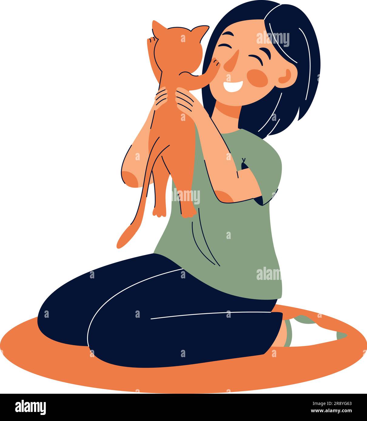 Happy child with funny cat. Cute girl with pet, vector illustration ...