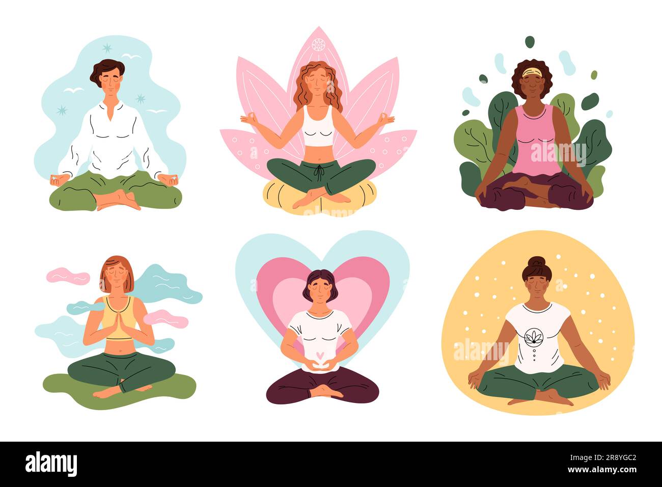 Happy meditating women. Yoga practice process. Beautiful girls in lotus position. Mental peace. Balance and calm relax. Different auras. Outdoor medit Stock Vector