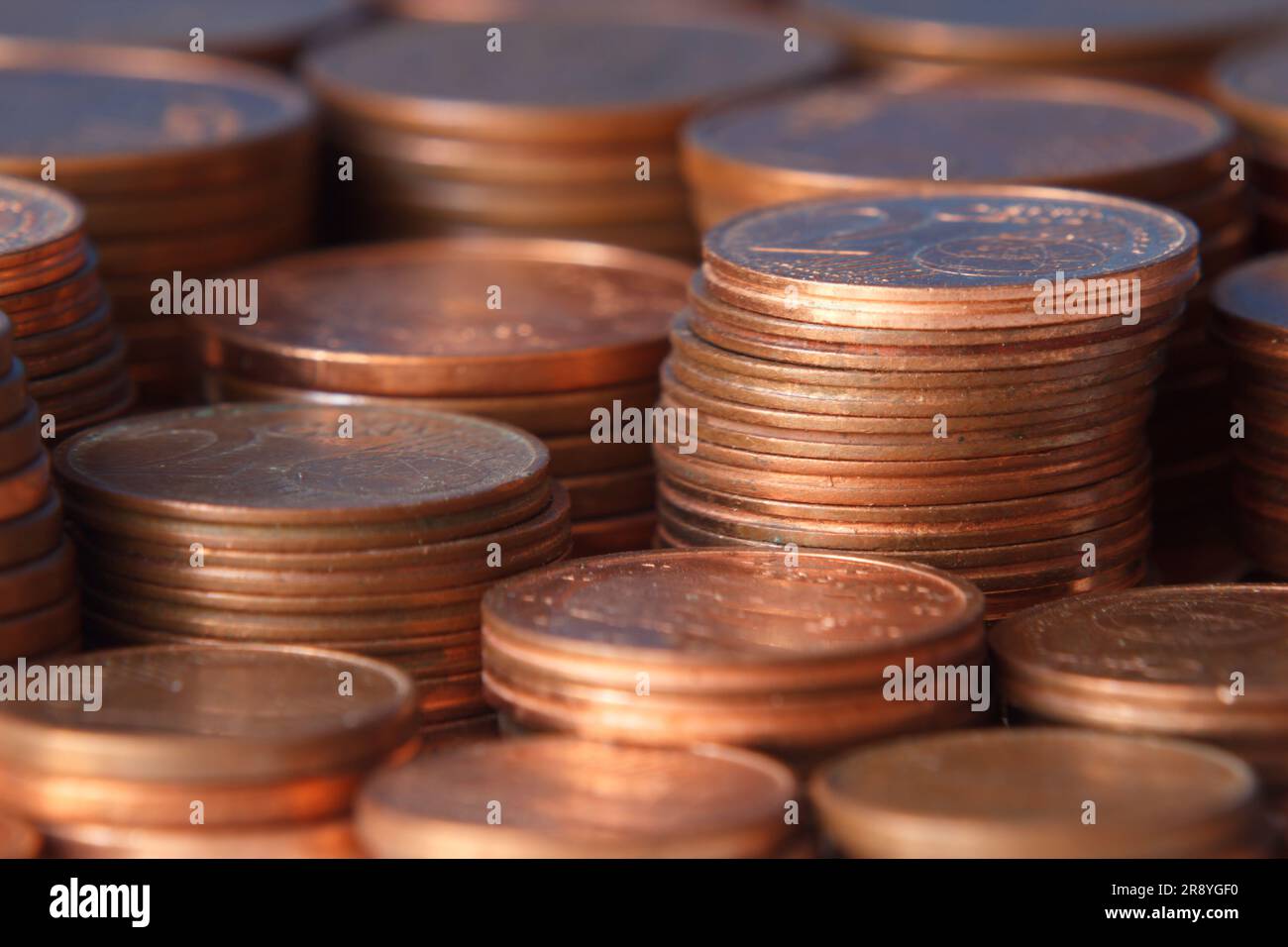 European cent coins stacked and grouped Stock Photo