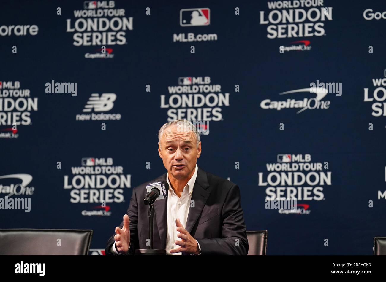 MLB Commissioner, Robert Manfred, speaks during a press conference during a workout day ahead of the MLB London Series Match at the London Stadium, London. Picture date: Friday June 23, 2023. Stock Photo