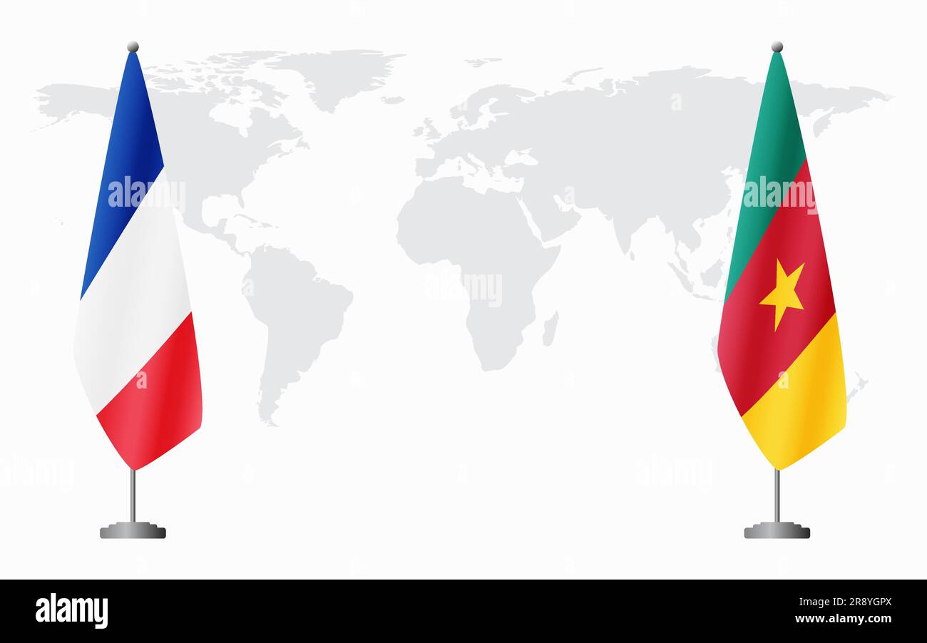 France and Cameroon flags for official meeting against background of