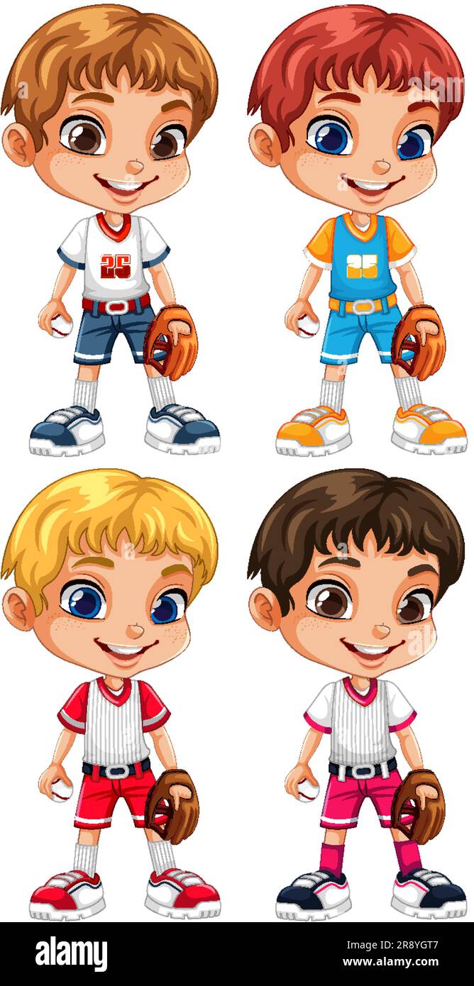 Collection of different kids in baseball outfits illustration Stock