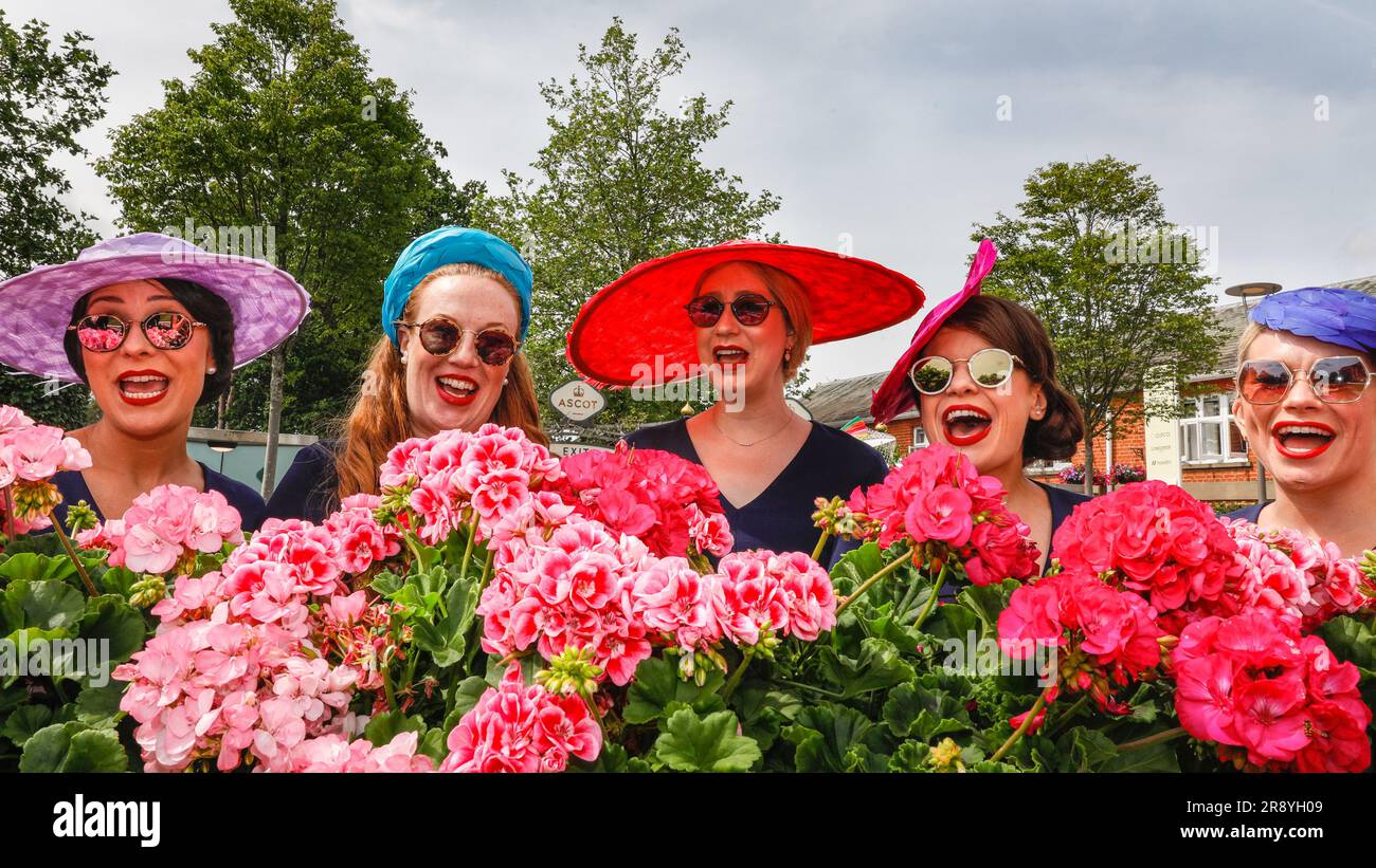 Ascot, Berkshire, UK. 23rd June, 2023. The Tootsie Rollers ladies singers are once again entertaining the crowds.Racegoers on day 4 of Royal Ascot at Ascot Racecourse. Credit: Imageplotter/Alamy Live News Stock Photo
