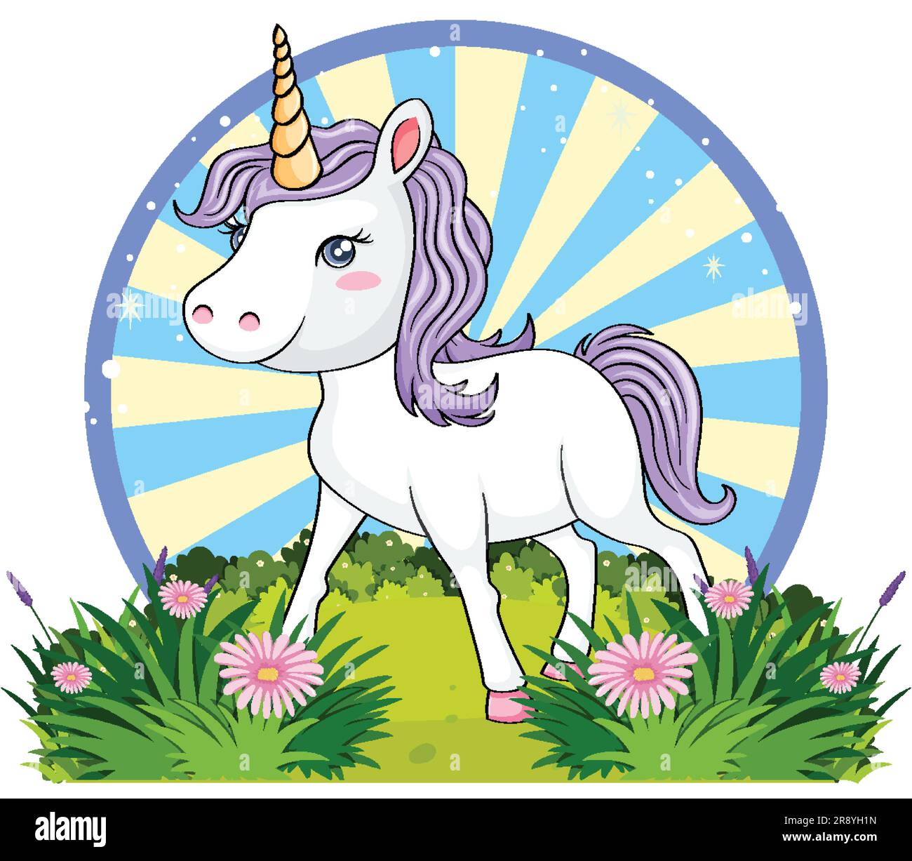 Cute unicorn cartoon character with retro comic background illustration