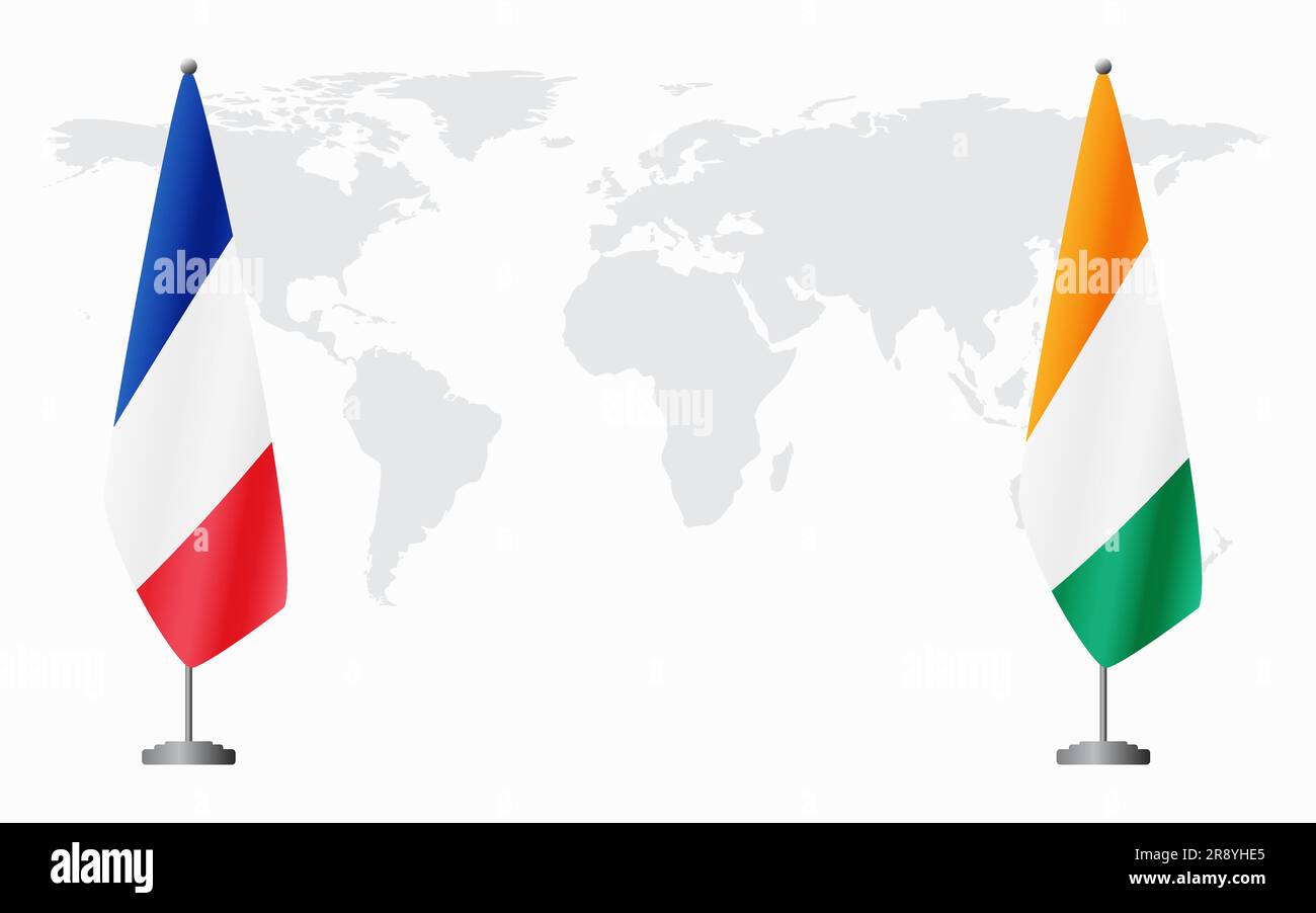 France and Ivory Coast flags for official meeting against background of