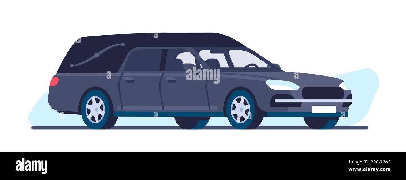 Funeral car hearse. Cemetery transport service. Coffin automobile
