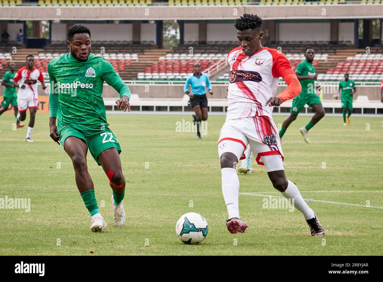 Nairobi, Kenya. 21 Jun 2023. Benson OMALLA (FW, Gor Mahia) presses the