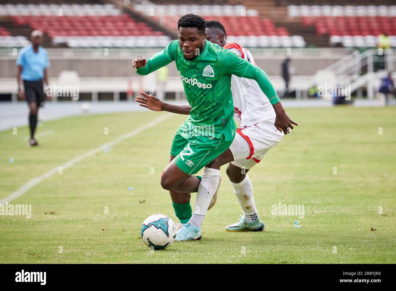 Nairobi, Kenya. 21 Jun 2023. Benson OMALLA (FW, Gor Mahia) moves past a