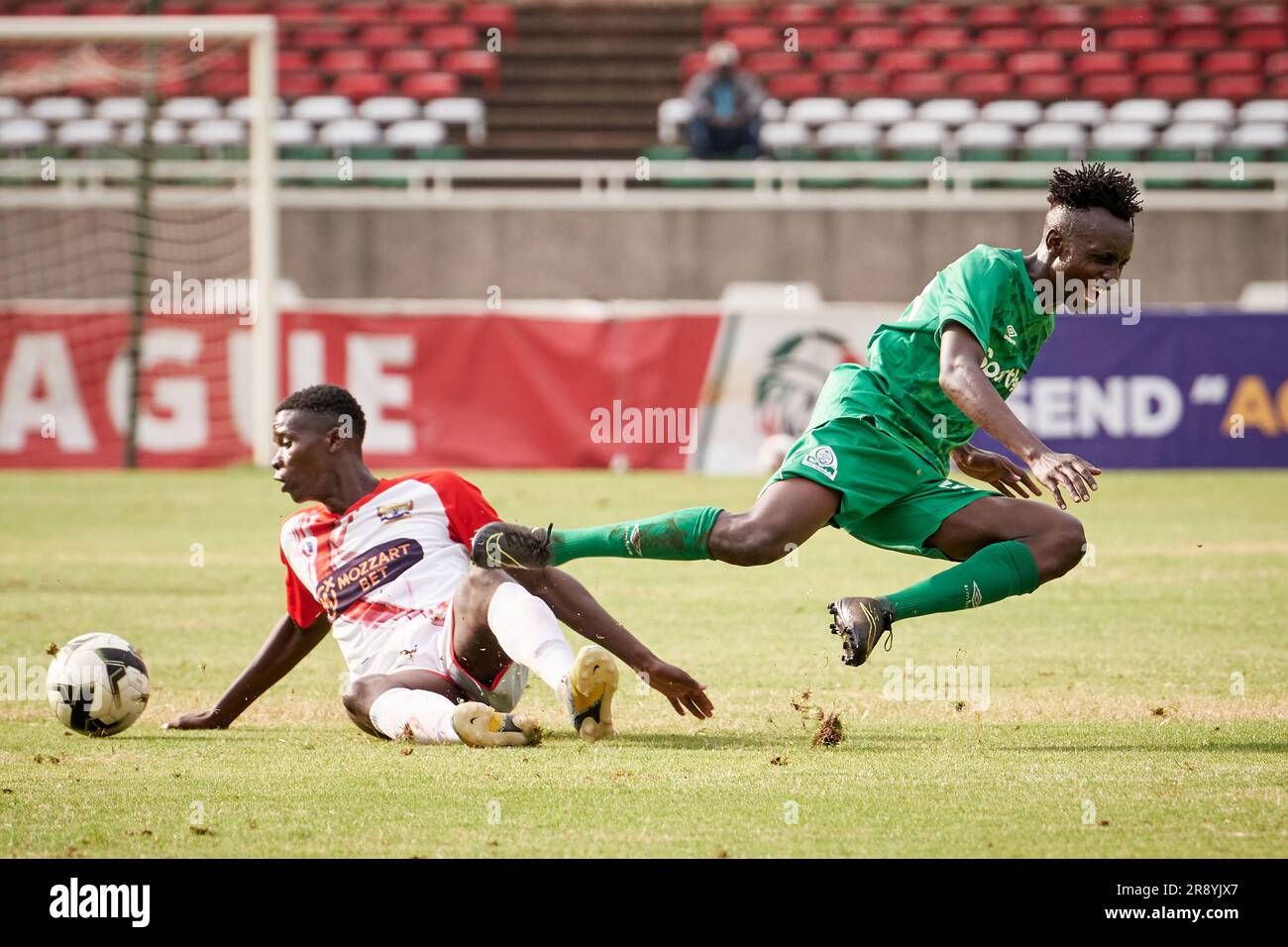 Nairobi, Kenya. 21 Jun 2023. Paul OCHUOGA (DF, Gor Mahia) is tacked ...