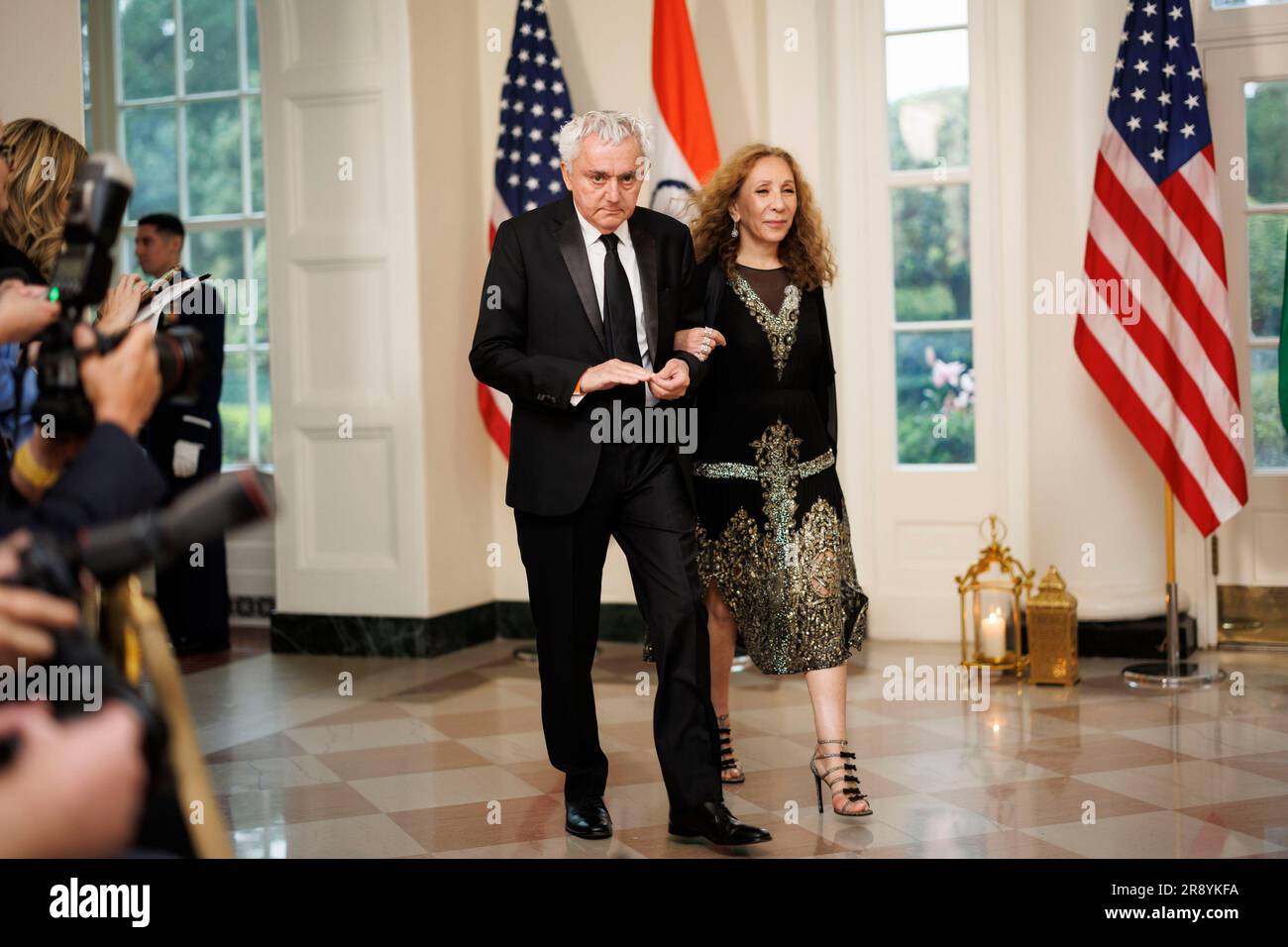 Washington, United States. 22nd June, 2023. Designer Reem Acra, right, and Nicolas Tabbal, arrive to attend a state dinner in honor of Indian Prime Minister Narendra Modi hosted by US President Joe Biden and First Lady Jill Biden at the White House in Washington, DC on Thursday, June 22, 2023. Biden and Modi announced a series of defense and commercial deals designed to improve military and economic ties between their nations during a state visit at the White House today. Photo by Ting Shen/UPI Credit: UPI/Alamy Live News Stock Photo
