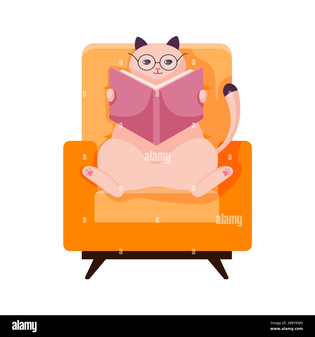 Cat character in glasses study flat. Cat sits on a armchair and reads a