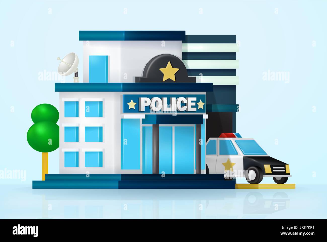 Police station and car, department building 3d vector, on bright blue background. Suitable for design elements Stock Vector