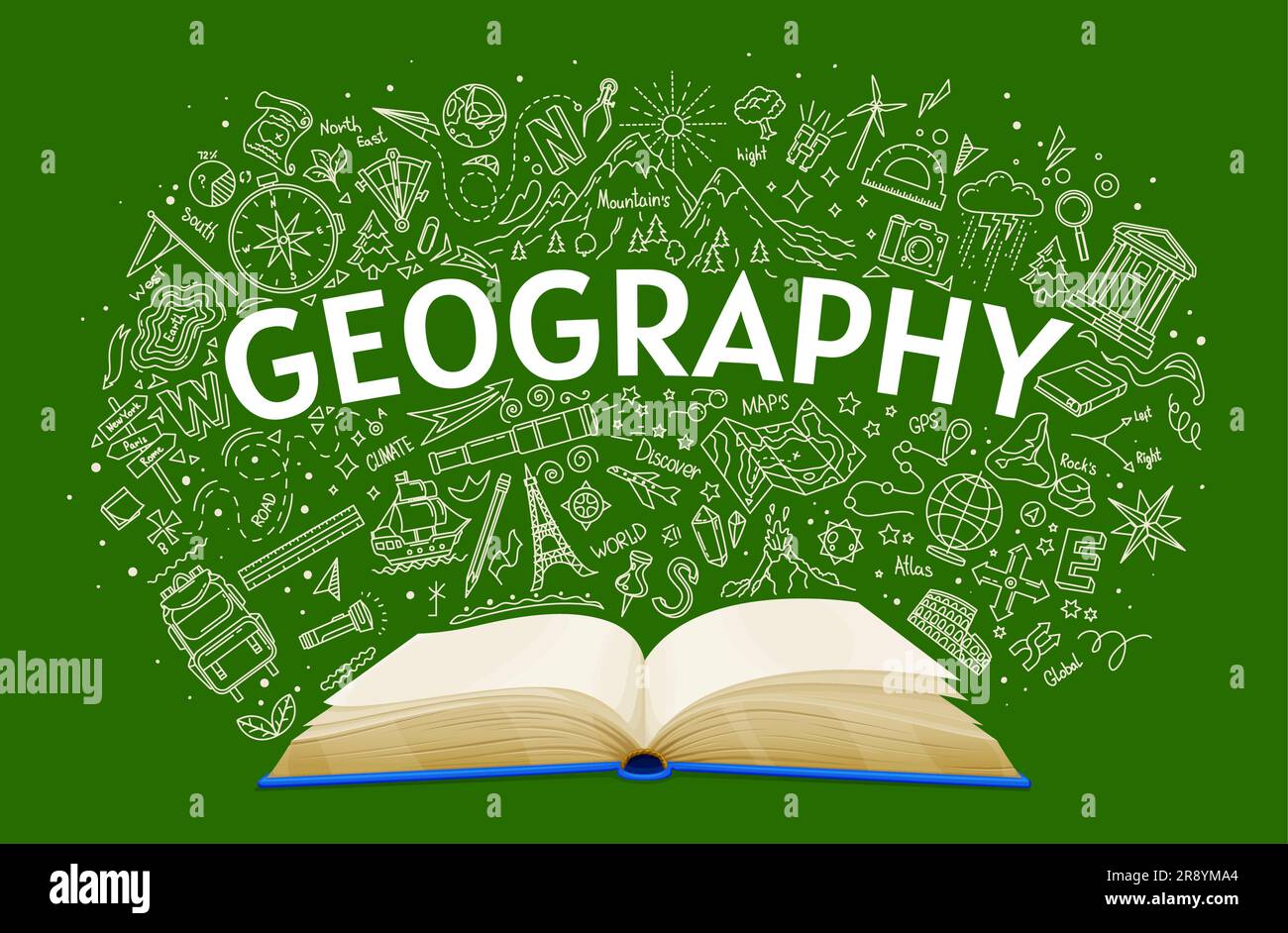 Geography textbook, school education book on vector chalkboard background. Geography classes