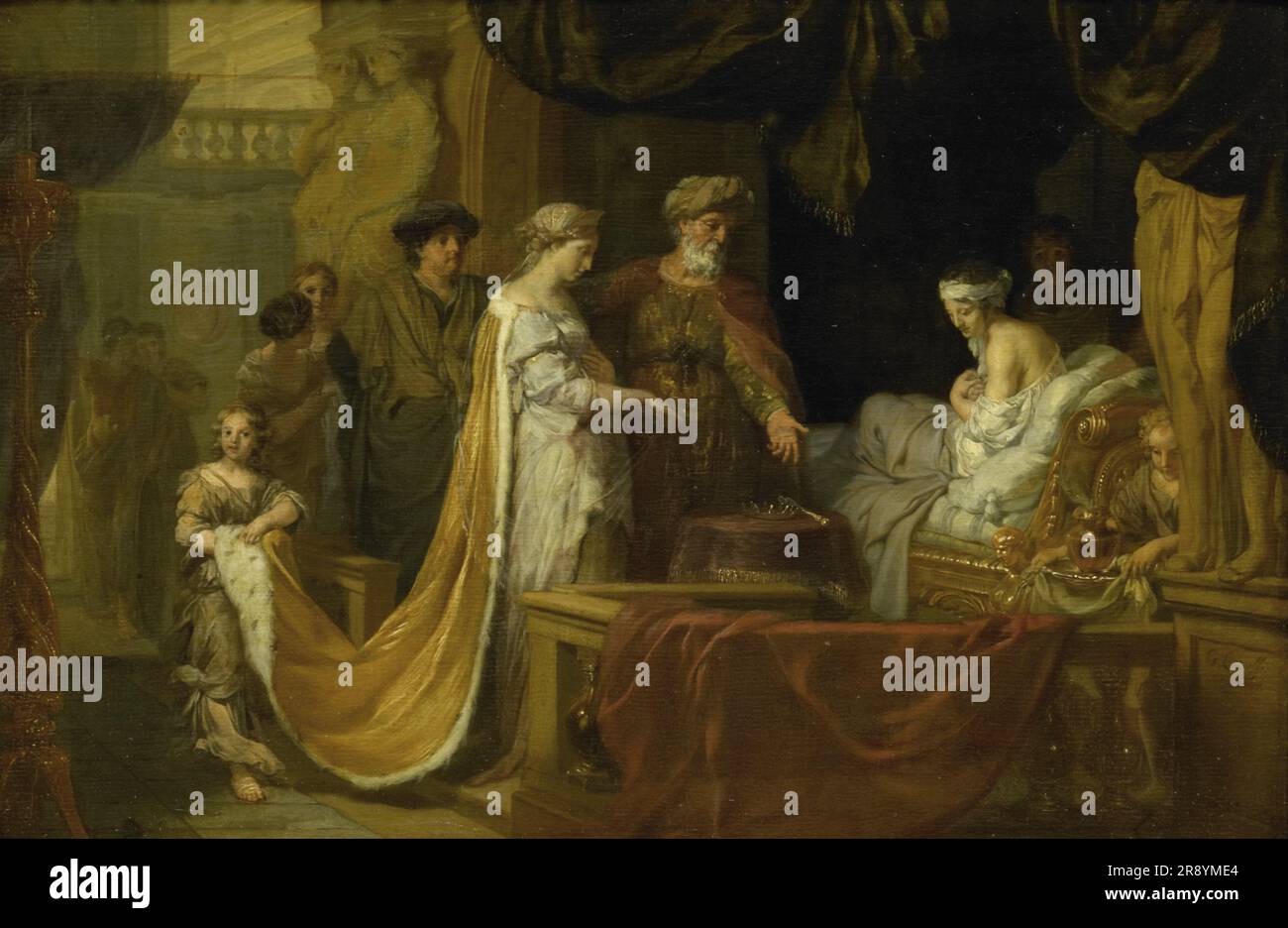 Antiochus and Stratonice, 1671-1675. By taking Antiochus' pulse when Stratonice enters the room, the physician discovers that the love for his stepmother is the cause of Antiochus' illness. (King Seleucus subsequently hands his kingdom and his wife over to his son). Stock Photo