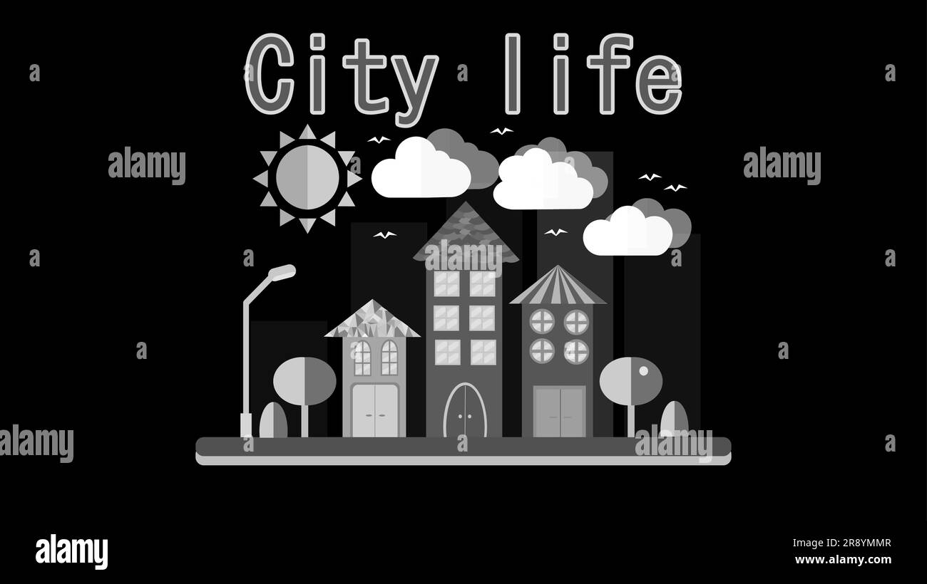 Urban black and white landscape in a simple flat style with different tall houses and skyscrapers, lanterns and trees sky, sun and clouds and the insc Stock Vector