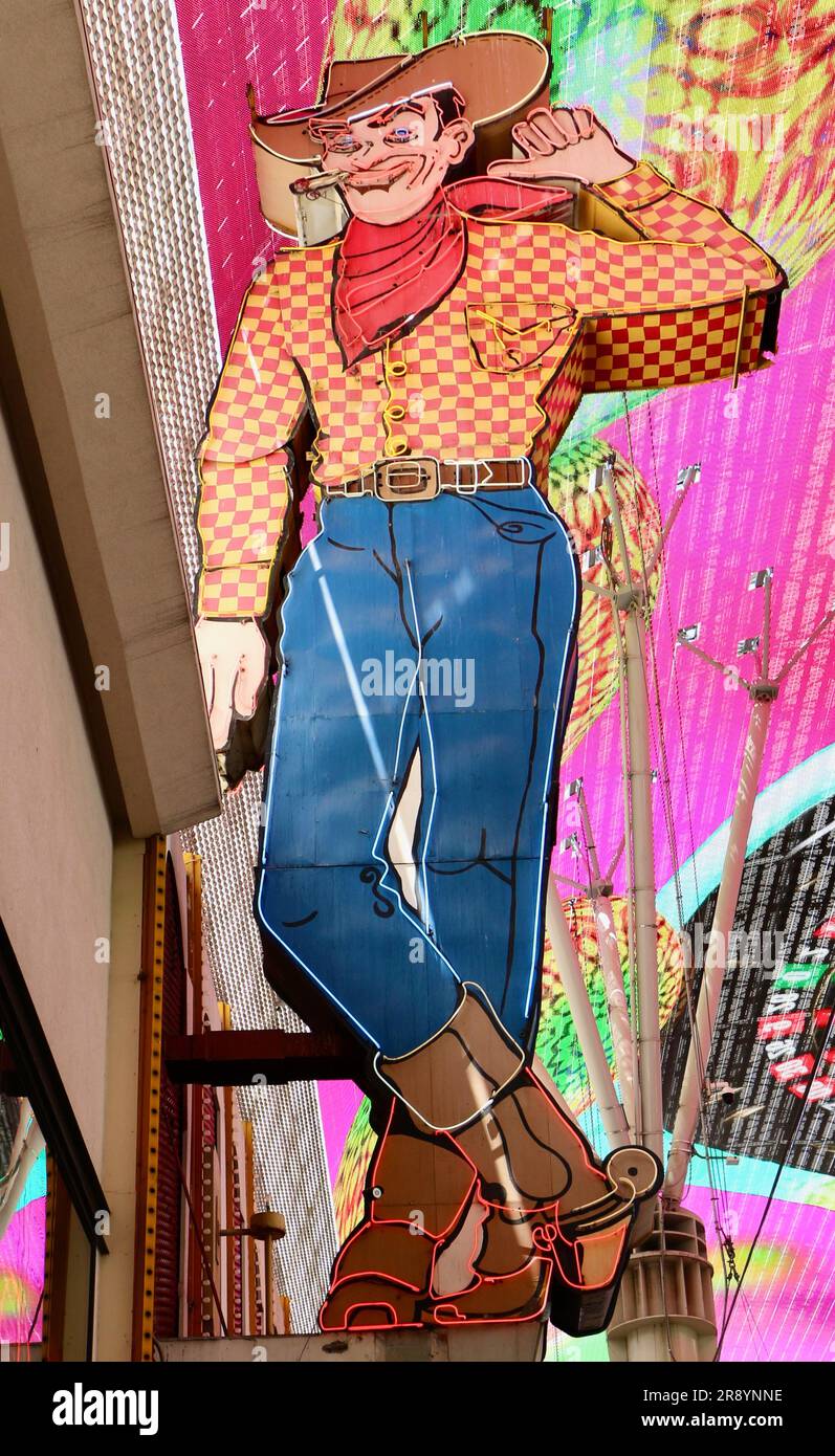 Vegas Vic neon cowboy iconic sign at the Pioneer Club souvenir store