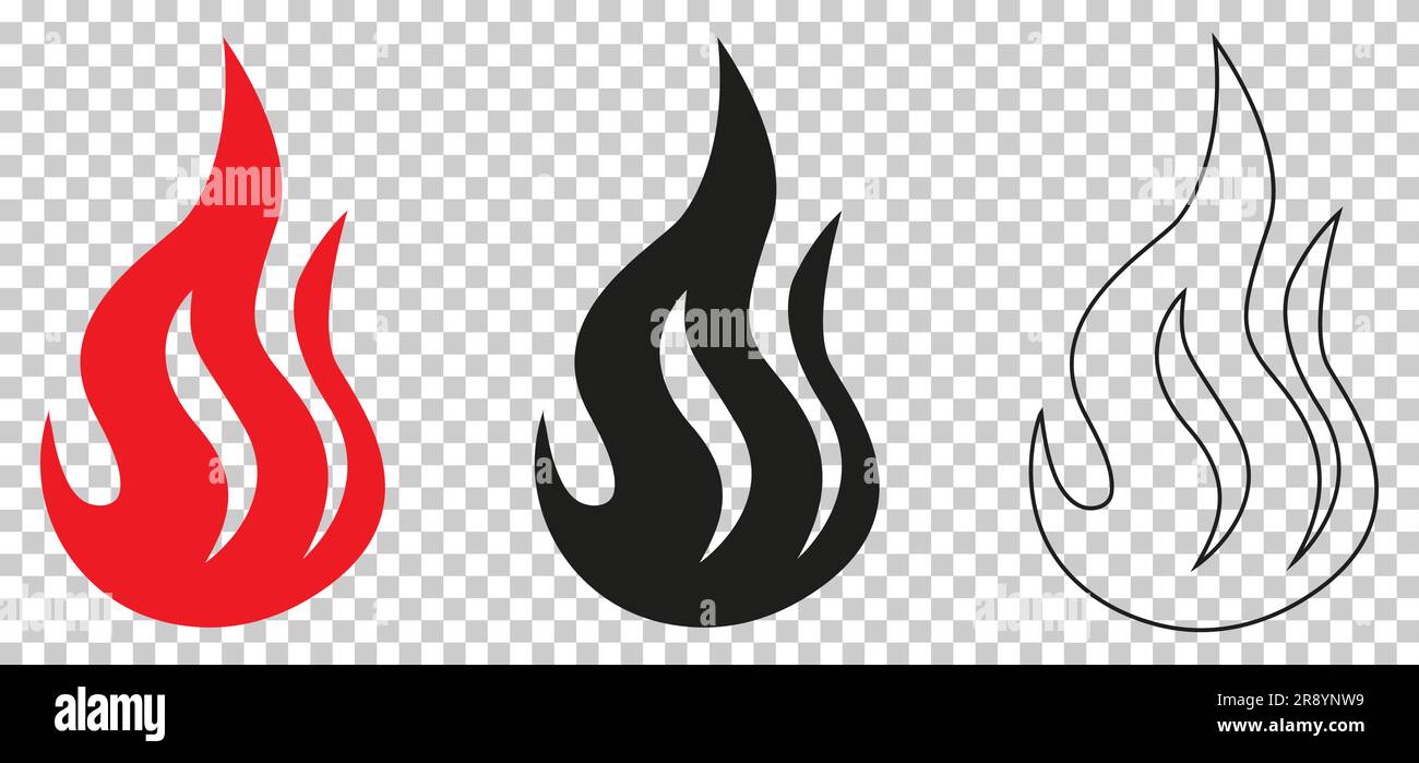 Set of fire flame icon. Vector illustration isolated on transparent ...