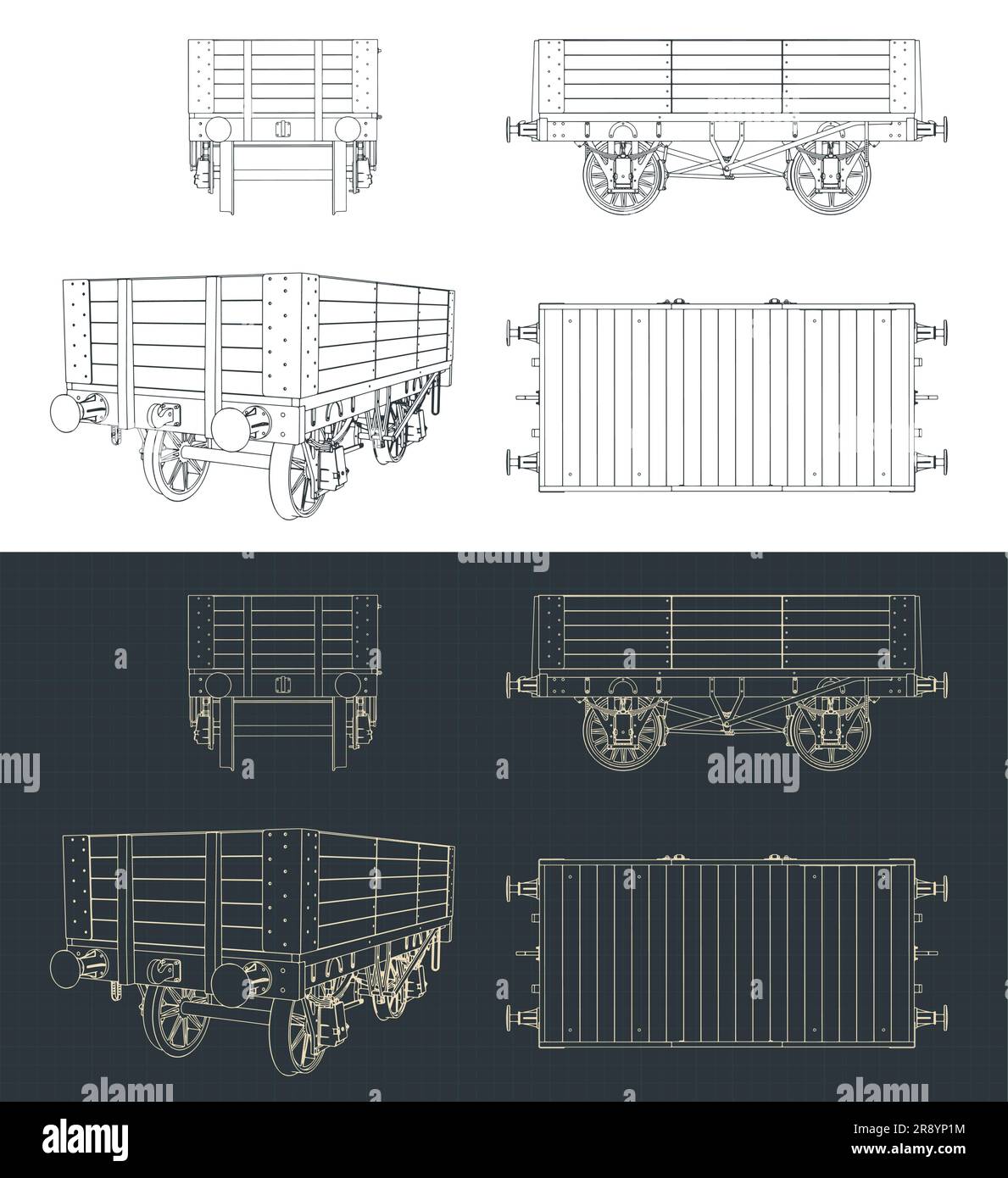 Stylized vector illustrations of blueprints of 5 plank coal wagon Stock Vector