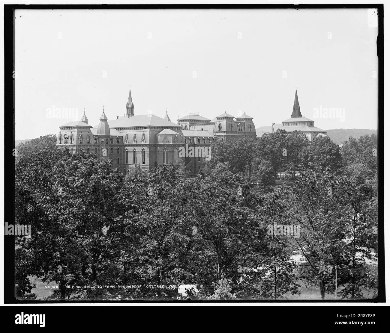 The Main building from Norumbega cottage, Wellesley, between 1890 and 1901. Stock Photo
