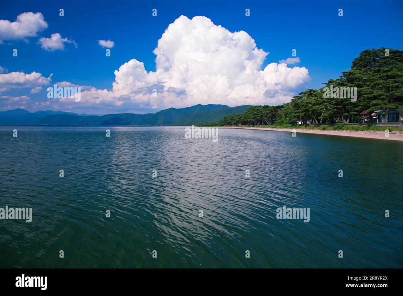 Inawashiro Lake and Iridocumulus Clouds Stock Photo
