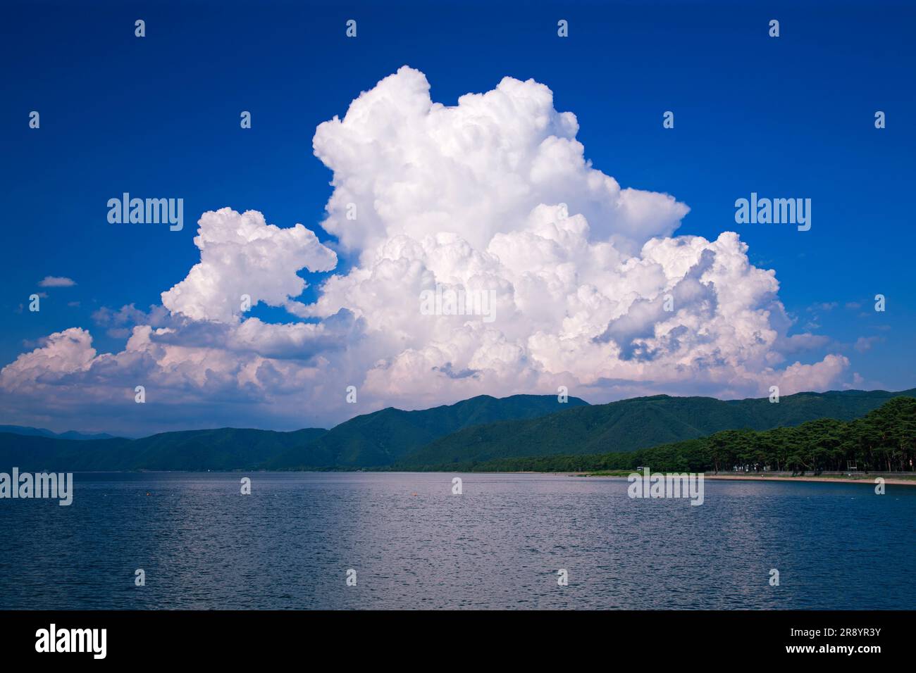 Inawashiro Lake and Iridocumulus Clouds Stock Photo