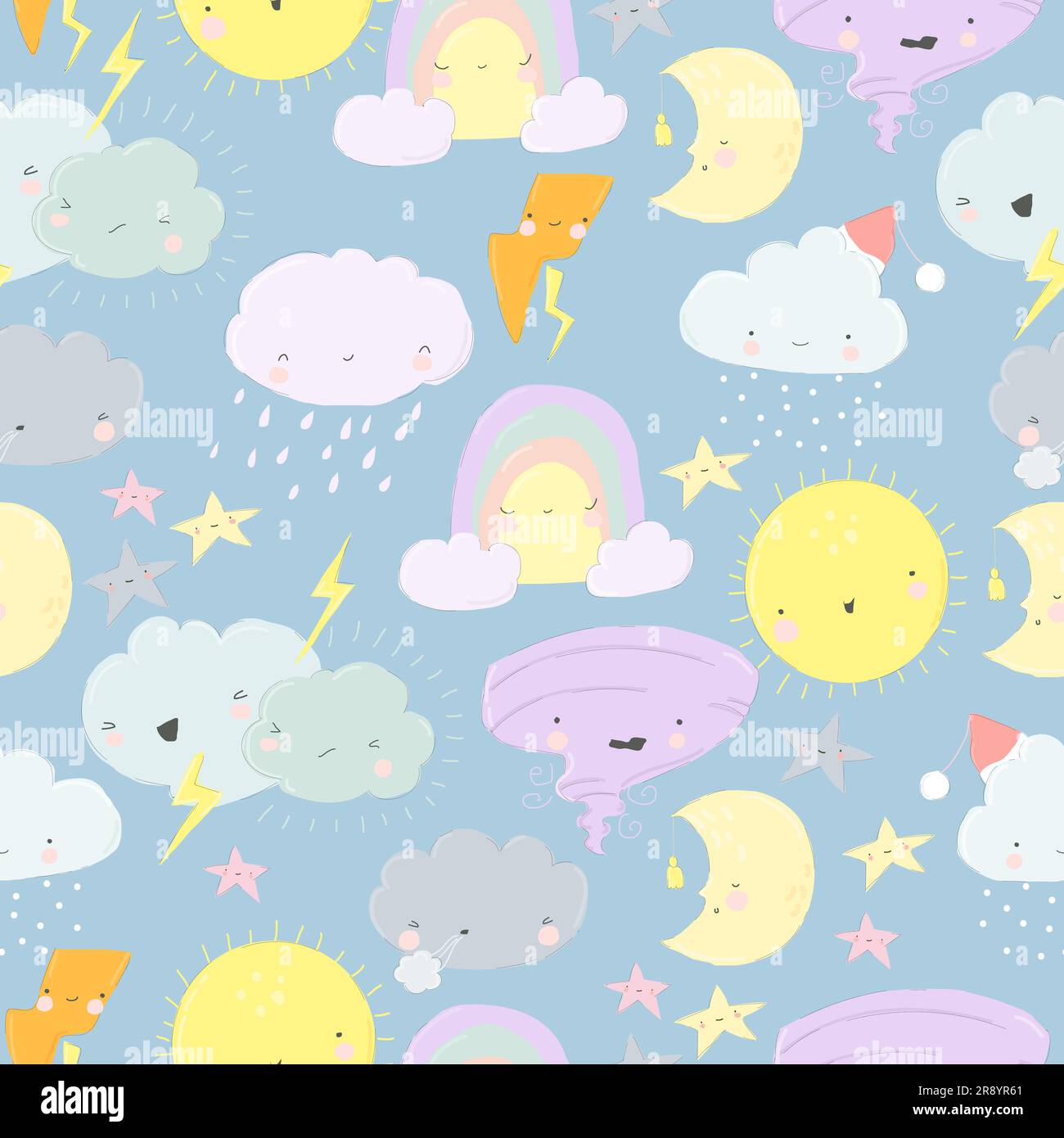 Seamless Pattern with Cute Cartoon Weather on Blue Background Stock Vector