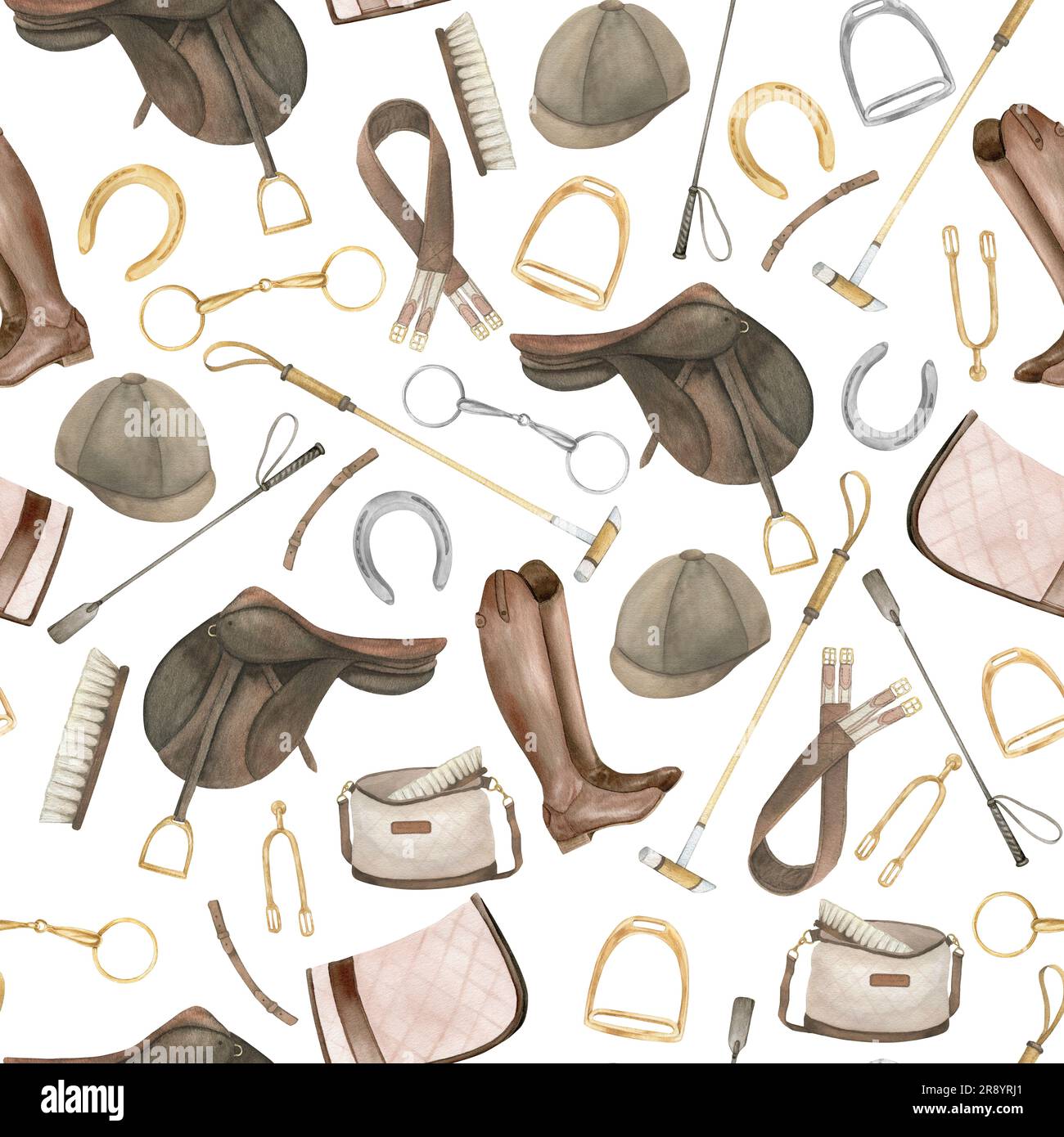 Seamless minimalistic pattern with watercolor illustrations of golden horseshoes and snaffles, saddle, boots, helmet, pad, horse polo sticks Stock Photo