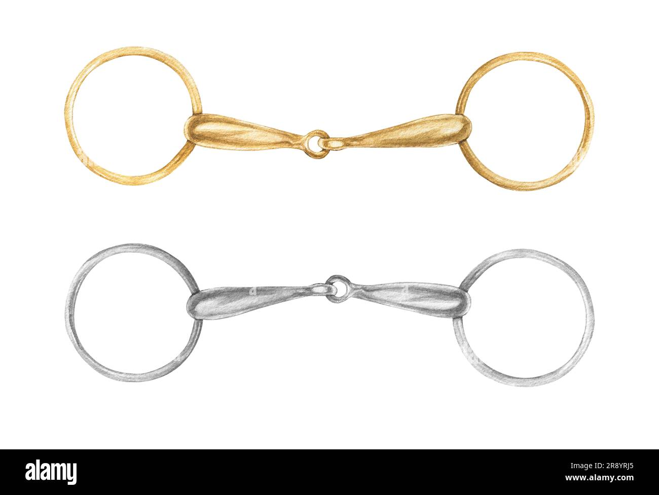Watercolor illustrations of golden and silver metal snaffles, isolated. Can be used as a print for clothes. Print on the theme of horses and Stock Photo