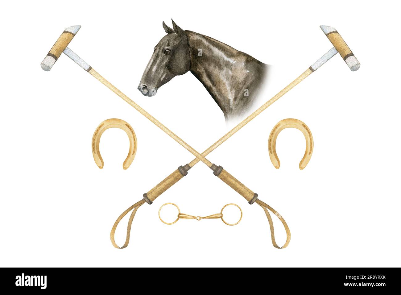 Minimalistic watercolor illustrations of horse portrait, golden horseshoes, snaffles and horse polo sticks , isolated. Illustration on the theme of Stock Photo