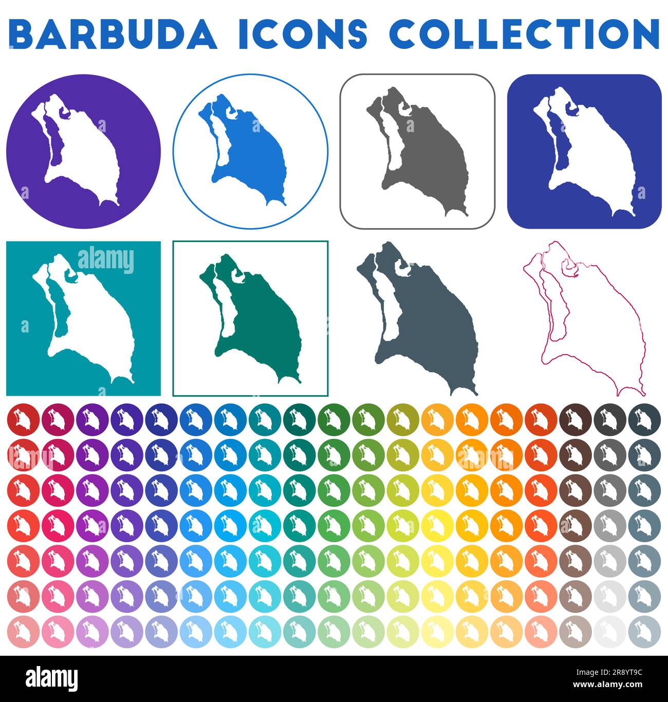 Barbuda icons collection. Bright colourful trendy map icons. Modern Barbuda badge with island map. Vector illustration. Stock Vector